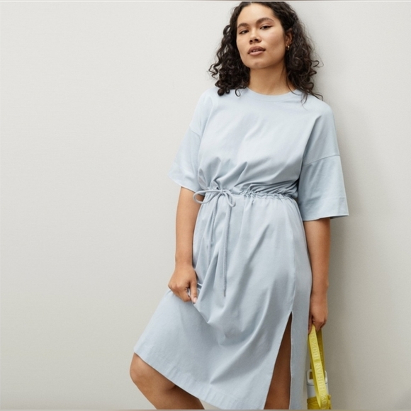 Everlane Dresses & Skirts - Everlane Cotton Tee Dress Tie Front Sz M Blue Gray One Side Slit Relaxed Fit